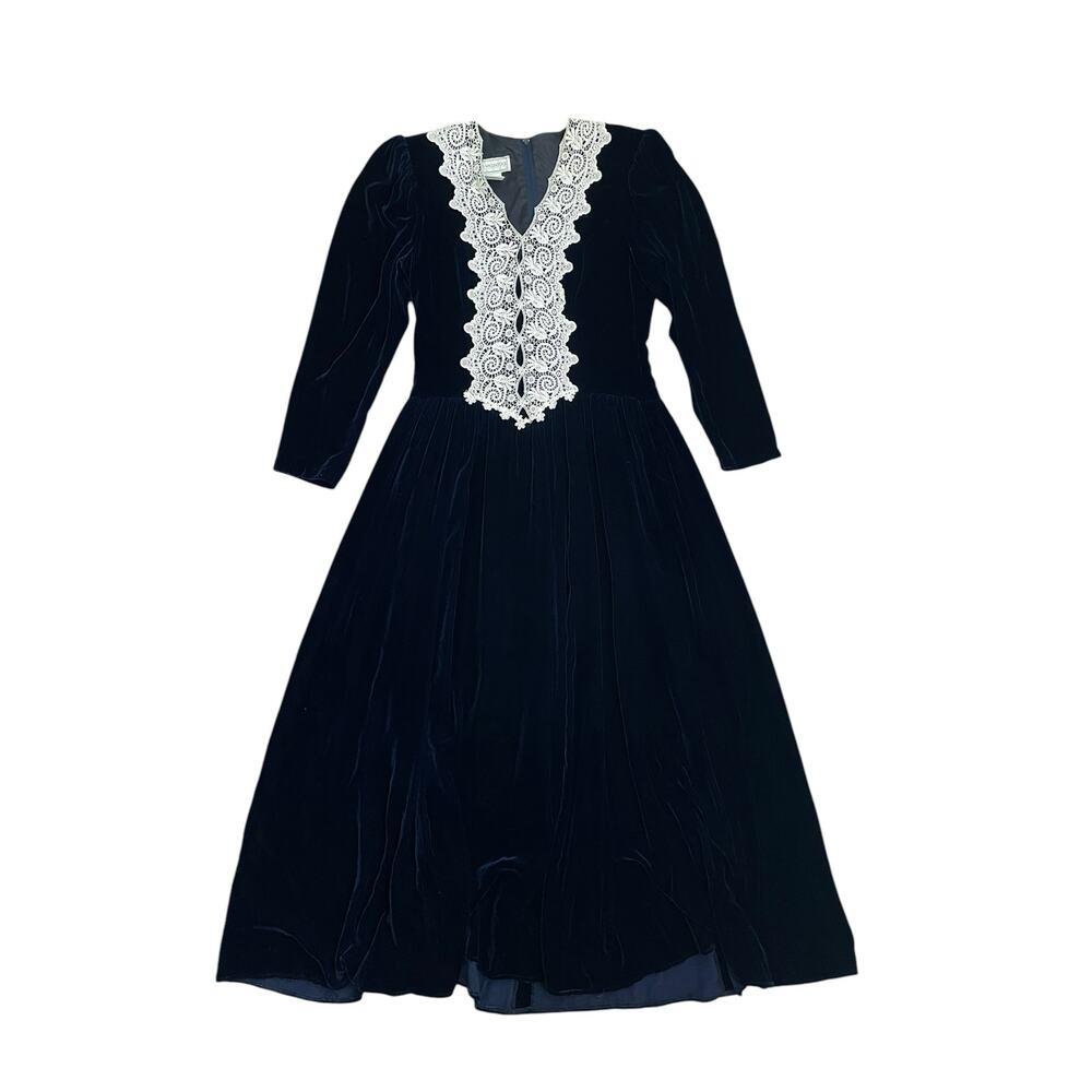 1990s VTG Jessica McClintock Navy Blue Lace Velvet Silk Blend Maxi Dress Size 8